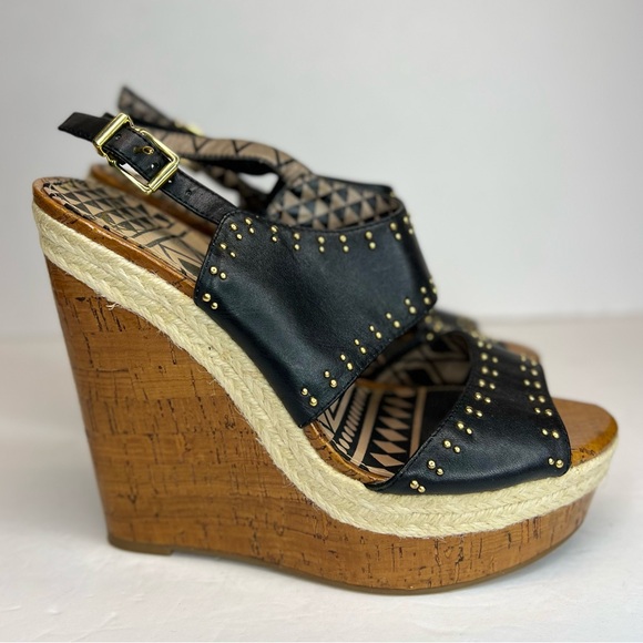 Jessica Simpson Geno Cork Platform Wedge Leather Studded Buckle Sandals Size 8M - Picture 3 of 9